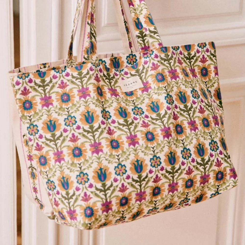new Sézane floral mosaic pattern print cotton canvas tote bag limited edition
